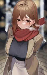 Rule 34 | 1girl, absurdres, blurry, blurry background, breasts, brown hair, coat, earrings, feet out of frame, floor, highres, jewelry, large breasts, long hair, looking to the side, mole, mole under eye, ol-chan (udon), original, scarf, skirt, smile, sweater, udon (udonalium), winter clothes, yellow eyes