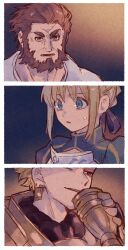 Rule 34 | 1girl, 2boys, armor, armored dress, artoria pendragon (all), artoria pendragon (fate), beard, blonde hair, blue dress, blue ribbon, breastplate, commentary request, cup, dress, drinking, earrings, evil smile, facial hair, fate/zero, fate (series), gauntlets, gilgamesh (fate), gold armor, green eyes, hair bun, hair ribbon, highres, holding, holding cup, iskandar (fate), jewelry, machi (uqyjee), multiple boys, red eyes, red hair, ribbon, saber (fate), shirt, short hair, single hair bun, smile, sweatdrop, upper body, white shirt