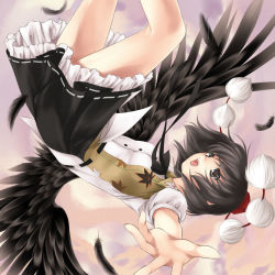 Rule 34 | 1girl, :d, ayase hazuki, belt, bird wings, black bow, black bowtie, black eyes, black hair, black skirt, black wings, bow, bowtie, brown eyes, buttons, cloud, cloudy sky, falling, feathered wings, feathers, female focus, flying, foreshortening, hat, kneepits, leaf print, looking away, looking up, open mouth, outdoors, outstretched arm, outstretched arms, outstretched hand, petticoat, pom pom (clothes), puffy short sleeves, puffy sleeves, ribbon, shameimaru aya, shirt, short hair, short sleeves, skirt, sky, smile, solo, tareme, teeth, thighs, tokin hat, touhou, upside-down, white shirt, wings