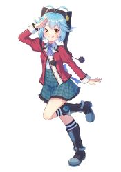 Rule 34 | 1girl, absurdres, antenna hair, blue hair, blush, buttons, commentary request, dot nose, double-parted bangs, eiyuu densetsu, frilled skirt, frills, hair between eyes, hair ornament, highres, millium orion, miniskirt, one eye closed, pleated skirt, pom pom (clothes), pom pom hair ornament, salute, sen no kiseki, short hair, simple background, sizmaru11, skirt, solo, thors military academy class vii uniform, tongue, tongue out, white background, yellow eyes