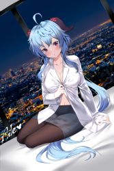 Rule 34 | 1girl, :o, ahoge, aile (crossroads), arm support, artist name, bed, black pantyhose, blue hair, blue skirt, blush, breasts, city lights, cityscape, cleavage, collarbone, full body, ganyu (genshin impact), genshin impact, highres, horns, long hair, looking at viewer, medium breasts, navel, night, night sky, paid reward available, pantyhose, parted lips, partially unbuttoned, partially undressed, pencil skirt, purple eyes, shirt, sidelocks, sitting, skirt, sky, solo, white shirt, yokozuwari