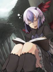 Rule 34 | 1girl, :d, book, closed eyes, female focus, head wings, multicolored hair, open book, open mouth, saliva, sitting, sleeping, smile, solo, tokiko (touhou), totteri, touhou, tree, two-tone hair, wings