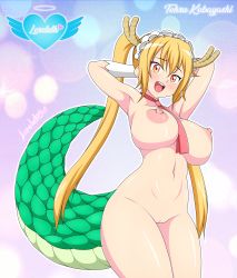 Rule 34 | 1girl, absurdres, armpits, arms up, between breasts, blonde hair, blush, breasts, character name, dragon girl, dragon horns, dragon tail, elbow gloves, gloves, highres, horns, kobayashi-san chi no maidragon, large breasts, large tail, long hair, loreleth, maid headdress, naked necktie, navel, necktie, necktie between breasts, nipples, nude, open mouth, orange eyes, pussy, red necktie, shiny skin, simple background, smile, solo, sparkle background, tail, teeth, tohru (maidragon), twintails, upper teeth only