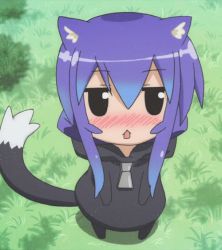 Rule 34 | 1girl, acchi kocchi, animal ears, animated, animated gif, blue hair, blush, cat ears, cat girl, cat tail, chibi, female focus, grass, hood, hoodie, long hair, looking at viewer, miniwa tsumiki, open mouth, outdoors, screencap, standing, straight hair, sweater, tail, tail wagging