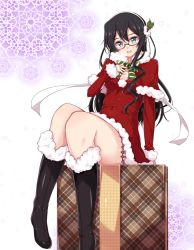 Rule 34 | 10s, 1girl, black footwear, black hair, blue eyes, blush, boots, fur-trimmed boots, fur boots, fur trim, glasses, hat, jiino, kantai collection, knee boots, lace, lace-trimmed legwear, lace trim, long hair, looking at viewer, ooyodo (kancolle), open mouth, ribbon, santa boots, santa hat, skirt, smile, solo, thighhighs, white ribbon