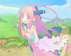 Rule 34 | 1girl, flat chest, gradient hair, half updo, milreaf, multicolored hair, pink eyes, pointy ears, smile, solo, summon night, summon night 4, tail