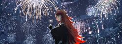Rule 34 | 1girl, absurdres, aerial fireworks, black collar, black gloves, black jacket, black leotard, breasts, closed mouth, cloud, collar, cropped jacket, dragon horns, fingerless gloves, fireworks, from side, gloves, highres, horns, jacket, kuroi enpitsu, leotard, long hair, red hair, shaded face, sky, slit pupils, solo, spiked collar, spikes, star (sky), starry sky, virtual youtuber, vshojo, yellow eyes, zentreya, zentreya (dragon)