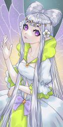 Rule 34 | 1girl, absurdres, clothing cutout, dress, fairy, fairy wings, flower, grey hair, hair flower, hair ornament, hair rings, hand up, head chain, head tilt, highres, jewelry, jushuang (xiao huaxian), kumu zaisheng, long hair, looking to the side, parted lips, pointy ears, puffy short sleeves, puffy sleeves, purple eyes, purple wings, short sleeves, solo, stomach cutout, upper body, very long hair, white dress, white flower, wings, xiao huaxian