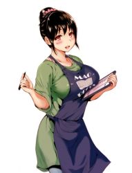 Rule 34 | 1girl, :d, apron, blush, breasts, brown hair, clipboard, employee uniform, hair ornament, hair scrunchie, large breasts, looking at viewer, okumori boy, open mouth, pen, ponytail, red eyes, scrunchie, short hair, simple background, smile, solo, uniform, white background