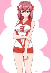 Rule 34 | 1girl, absurdres, arm grab, brown eyes, brown hair, closed mouth, commentary, covered navel, cowboy shot, dated, drops mint, girls und panzer, headband, highres, kondou taeko, looking at viewer, medium hair, red headband, red shirt, red shorts, shirt, short shorts, shorts, sleeveless, sleeveless shirt, smile, solo, sportswear, standing, twitter username, volleyball uniform