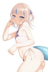 Rule 34 | :d, absurdres, adapted costume, ass, atg (wttoo0202), bikini, blue eyes, blue nails, blush, commentary request, cowboy shot, fingernails, fins, fish tail, flat chest, gawr gura, highres, hololive, hololive english, looking at viewer, medium hair, nail polish, open mouth, shark girl, shark tail, sharp fingernails, sharp teeth, side-tie bikini bottom, silver hair, simple background, smile, solo, swimsuit, tail, teeth, virtual youtuber, white background