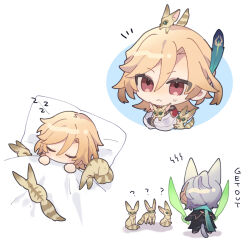 Rule 34 | 2boys, :&lt;, ?, alhaitham (genshin impact), animal, animal ears, animal on head, bed sheet, blonde hair, cape, cat boy, cat ears, cat tail, chibi, closed eyes, closed mouth, commentary request, dual wielding, ear covers, english text, facing away, feather hair ornament, feathers, fox, from behind, genshin impact, green cape, hair between eyes, hair ornament, holding, holding animal, holding sword, holding weapon, kaveh (genshin impact), koma (km mmmk), long hair, long sleeves, looking at viewer, male focus, multiple boys, multiple views, notice lines, on head, parted bangs, pillow, puffy long sleeves, puffy sleeves, red cape, red eyes, shirt, sidelocks, simple background, sleeping, sweatdrop, sword, tail, u u, weapon, white background, white shirt, zzz