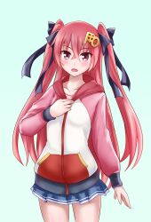 Rule 34 | 1girl, alternate costume, blue skirt, collarbone, commentary request, green background, hair ornament, hair ribbon, hairclip, hand on own chest, highres, hood, hoodie, jouizumi masamune, long hair, long sleeves, nagishy, open mouth, red eyes, red hair, red hoodie, ribbon, skirt, solo, tenka hyakken, two side up, v-shaped eyebrows