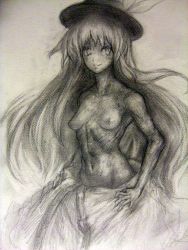 Rule 34 | 1girl, binayu, breasts, female focus, gradient background, greyscale, hat, hinanawi tenshi, long hair, monochrome, sketch, small breasts, solo, topless, touhou, traditional media