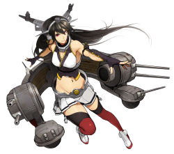 Rule 34 | 10s, 1girl, black gloves, black hair, breasts, cleavage, cleavage cutout, clothing cutout, dot triangle, elbow gloves, eyelashes, fingerless gloves, fingernails, gloves, hair blowing, headgear, kantai collection, lips, mecha musume, nagato (kancolle), navel, no panties, outstretched arms, poaro, red eyes, red thighhighs, simple background, skirt, solo, thighhighs, white background