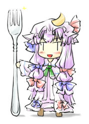 Rule 34 | 1girl, :d, ascot, bad id, bad pixiv id, blush, bow, chibi, crescent, dress, female focus, fork, hair bow, hat, hat bow, holding, holding fork, long hair, natsuki (silent selena), open mouth, patchouli knowledge, purple hair, simple background, smile, solo, standing, touhou, white background, | |