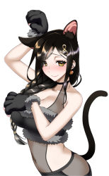 Rule 34 | 1girl, animal ears, animal hands, black gloves, black hair, black leotard, black shirt, black shorts, blush, braid, breasts, brown eyes, cat ears, cat tail, cleavage, commentary request, covering breasts, covering privates, earrings, fur-trimmed shirt, fur trim, gloves, hair ornament, hair over shoulder, hair tie, hairclip, halloween, halloween costume, jewelry, kemonomimi mode, koishikawa, large breasts, leotard, leotard under clothes, long hair, looking at viewer, navel, nijisanji, partial commentary, paw gloves, paw pose, see-through, shirayuki tomoe, shirt, shorts, simple background, single braid, solo, swept bangs, tail, virtual youtuber, white background