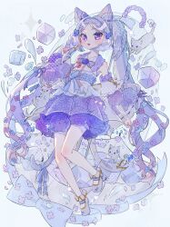 1girl animal_ears blue_bow blue_eyes blue_ribbon blue_skirt bow braid cat cat_ears cat_girl cat_tail detached_sleeves flower frills full_body hair_bow hair_ornament highres holding holding_spoon hydrangea long_hair looking_at_viewer open_mouth original pom_pom_(clothes) purple_bow purple_hair ribbon shirt shoes skirt solo spoon tail tail_ornament tail_ribbon tsukumi_bis twin_braids twintails very_long_hair white_bow white_shirt white_shoes wrist_cuffs