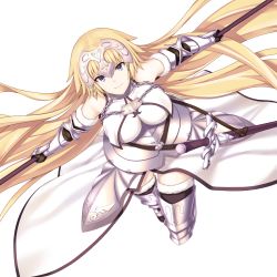 Rule 34 | 1girl, armor, armored boots, armored dress, black thighhighs, blonde hair, blue eyes, boots, breasts, breasts apart, chain, closed mouth, dress, enchuu, fate/apocrypha, fate (series), faulds, floating hair, fur-trimmed legwear, fur trim, gauntlets, headpiece, highres, holding, holding polearm, holding weapon, jeanne d&#039;arc (fate), jeanne d&#039;arc (ruler) (fate), jeanne d&#039;arc (third ascension) (fate), large breasts, long hair, looking at viewer, polearm, sheath, sheathed, simple background, sleeveless, sleeveless dress, smile, solo, sword, thigh boots, thighhighs, very long hair, weapon, white background, white dress