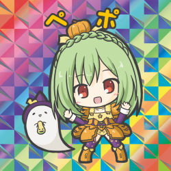 Rule 34 | 1girl, :d, big head, bikkuriman, bikkuriman (style), blush, boots, braid, breasts, character name, chibi, colorful, cross-laced clothes, crown braid, dress, flat color, flower knight girl, fringe trim, full body, ghost, green hair, halloween, hands up, happy, hat, iridescent, knee boots, layered sleeves, long hair, long sleeves, multicolored background, no nose, open mouth, orange dress, orange footwear, parody, pepo (flower knight girl), puffy short sleeves, puffy sleeves, pumpkin, pumpkin costume, purple hat, purple thighhighs, red eyes, ri-net, short over long sleeves, short sleeves, sleeve cuffs, smile, solo, standing, sticker, style parody, thighhighs, thighhighs under boots, w arms, witch hat