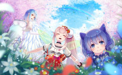 Rule 34 | 3girls, :3, angel wings, black choker, blue eyes, blue hair, blue sky, blush, braid, breasts, cherry blossoms, choker, closed mouth, clothes writing, cloud, commentary, elbow gloves, elu (nijisanji), fairy wings, falling leaves, flower, french braid, gloves, grass, hair flower, hair ornament, koko (koko3), large breasts, leaf, light blue hair, long hair, moira (nijisanji), mole, mole under mouth, multiple girls, nijisanji, open mouth, outdoors, pointy ears, rainbow, short sleeves, side ponytail, sky, smile, tokyo tower, twintails, virtual youtuber, white gloves, wings, yellow eyes, yuuki chihiro, yuuki chihiro (1st costume)