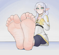 Rule 34 | 1girl, artist name, barefoot, belt, black belt, black leggings, blush, capelet, closed mouth, dress, earrings, elf, eyelashes, feet, foot focus, foreshortening, frieren, full body, gold trim, green eyes, grey background, grey hair, hand up, highres, jewelry, leggings, long sleeves, looking at viewer, on ground, parted bangs, patreon logo, pointy ears, short dress, short eyebrows, signature, sitting, soles, solo, sousou no frieren, starpermafrost, thick eyebrows, toes, twintails, white capelet, white dress