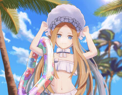 Rule 34 | 1girl, abigail williams (fate), abigail williams (swimsuit foreigner) (fate), abigail williams (swimsuit foreigner) (third ascension) (fate), absurdres, bare shoulders, bikini, blonde hair, blue eyes, blue sky, blush, bomberca309, bonnet, bow, breasts, fate/grand order, fate (series), forehead, hair bow, highres, innertube, long hair, looking at viewer, miniskirt, navel, palm tree, parted bangs, sidelocks, skirt, sky, small breasts, smile, solo, swim ring, swimsuit, tree, twintails, very long hair, white bikini, white bow, white headwear