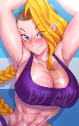 Rule 34 | 1girl, abs, absurdres, armpits, arms up, barbarian, blonde hair, blue eyes, blush, breasts, cleavage, highres, hilde (nisego), large breasts, looking at viewer, midriff, muscular, muscular female, navel, nisego, smile, solo, sports bra, sweat