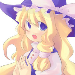 Rule 34 | 1girl, blonde hair, blue eyes, female focus, hat, kirisame marisa, long hair, looking at viewer, no nose, open mouth, saiste, simple background, solo, steepled fingers, touhou, upper body, witch hat
