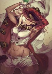 Rule 34 | 1girl, armpits, arms up, bandaged arm, bandages, belt, breasts, buttons, cloak, clover, crop top, dark-skinned female, dark skin, fingerless gloves, four-leaf clover, gloves, guilty gear, guilty gear strive, hat, large breasts, long hair, looking at viewer, medium breasts, midriff, navel, open mouth, peaked cap, platinum blonde hair, ramlethal valentine, short shorts, shorts, shouma (bravespiritya), thighs, white cloak, white gloves, white hat, white shorts, yellow eyes