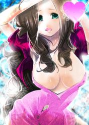 Rule 34 | 1990s (style), 1girl, aerith gainsborough, arms up, breasts, brown hair, cleavage, dress, female focus, final fantasy, final fantasy vii, green eyes, jacket, long hair, open mouth, solo, wet, yuigamakoto
