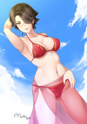 Rule 34 | 1girl, 2017, arm up, armpits, artist name, bad id, bad pixiv id, bikini, black hair, breasts, cinder fall, cleavage, cloud, collarbone, cowboy shot, dated, day, highres, jewelry, large breasts, lenny face, looking at viewer, lulu-chan92, nipples, nude, open mouth, rwby, scar, scar across eye, scar on face, see-through, shiny skin, short hair, simple background, sky, solo, swimsuit, yellow eyes