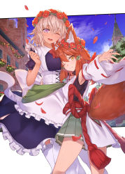 Rule 34 | 2girls, ;d, animal ears, blonde hair, blue sky, brown hair, cloud, commentary request, copyright request, corset, day, detached sleeves, flower, flower wreath, fox ears, fox tail, frills, hair between eyes, height difference, ibuki notsu, jewelry, looking at viewer, magatama, magatama necklace, maid, multiple girls, necklace, one eye closed, open mouth, outdoors, outstretched arm, petals, purple eyes, ribbon-trimmed sleeves, ribbon trim, sky, smile, tail, thighhighs, white legwear, wide sleeves, yellow eyes