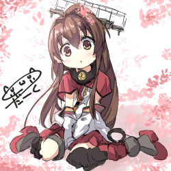 Rule 34 | 10s, 1girl, :o, age regression, between legs, blush, boots, brown eyes, brown hair, capelet, cherry blossoms, chibi, child, darkside, detached sleeves, flower, hair flower, hair ornament, hand between legs, head tilt, kantai collection, long hair, looking at viewer, open mouth, oversized clothes, parted lips, ponytail, sitting, skirt, solo, thighhighs, v arms, very long hair, wariza, yamato (kancolle), aged down