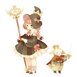 Rule 34 | 1girl, bow, braid, brown eyes, brown hair, cloak, crown, dress, frilled dress, frills, hat, heart, long hair, original, rabbit, rapier, shui pi, solo, staff, striped clothes, striped dress, sword, the 10th step, twin braids, weapon, wings, witch, witch hat
