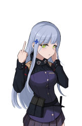Rule 34 | 1girl, assault rifle, belt, blunt bangs, breasts, closed mouth, copycat001, cowboy shot, earpiece, earplugs, facial mark, from side, girls&#039; frontline, green eyes, gun, h&amp;k hk416, hair ornament, hand on own cheek, hand on own face, highres, hk416 (girls&#039; frontline), jacket, large breasts, long hair, long sleeves, looking at viewer, magazine (weapon), middle finger, military jacket, miniskirt, plaid, plaid skirt, ribbed jacket, rifle, sidelocks, sideways glance, silver hair, simple background, skirt, solo, teardrop, teardrop facial mark, teardrop tattoo, tight clothes, unamused, utility belt, weapon, white background, x hair ornament