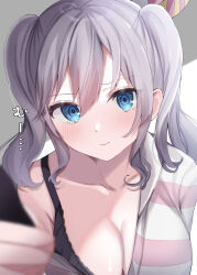 Rule 34 | 1girl, absurdres, black bra, blue eyes, blush, bra, breasts, closed mouth, collarbone, grey hair, hair between eyes, highres, kantai collection, kashima (kancolle), large breasts, long sleeves, looking at viewer, portrait, short hair, solo, twintails, underwear, yoshino (mfmfpng)