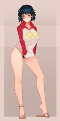 Rule 34 | ..., 1girl, anklet, bare legs, black hair, black panties, blush, borrowed clothes, breasts, closed mouth, commentary, contrapposto, english commentary, fubuki (one-punch man), full body, gluteal fold, gradient background, hands in pockets, highres, hood, hood down, hoodie, hoodie tug, jewelry, justrube, looking away, nail polish, no pants, one-punch man, oppai hoodie, panties, pussy juice, pussy juice drip through clothes, sandals, short hair, sideways glance, signature, solo, spoken ellipsis, standing, sweat, toenail polish, toenails, twitching, underwear