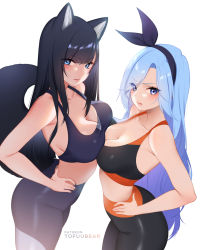 Rule 34 | 2girls, animal ears, asymmetrical docking, black hair, black hairband, black nails, black pants, black sports bra, blue eyes, blue hair, blush, borrowed character, breast press, breasts, cleavage, commentary, crossover, english commentary, fingernails, fox ears, fox tail, hair over one eye, hairband, hands on own hips, highres, large breasts, long hair, long tail, looking at viewer, medium breasts, midriff, bae minah (chaesu), multiple girls, nail polish, original, pants, reiko (tofuubear), sports bra, straight hair, swept bangs, tail, tight clothes, tight pants, tofuubear, very long hair, white background, yoga pants