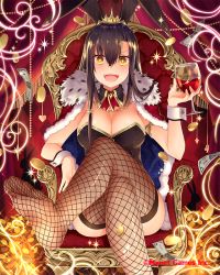 Rule 34 | 1girl, alcohol, animal ears, banknote, black hair, blush, breasts, cape, cleavage, coin, cup, diamond-shaped pupils, diamond (shape), dollar bill, drinking glass, fake animal ears, falkyrie no monshou, feet, fishnet thighhighs, fishnets, holding, holding cup, large breasts, leotard, long hair, looking at viewer, money, natsumekinoko, no shoes, official art, open mouth, pantyhose, playboy bunny, rabbit ears, sitting, smile, soles, symbol-shaped pupils, thighhighs, thighs, throne, wine, wine glass, wrist cuffs, yellow eyes