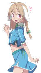 Rule 34 | 1girl, :d, ahoge, animal ears, blue shirt, blue skirt, bow, bowtie, braid, brown hair, claw pose, cowboy shot, cross-laced clothes, floppy ears, from side, green bow, green bowtie, hair between eyes, hair bow, hand up, highres, long hair, looking at viewer, looking to the side, midriff, open mouth, original, puffy short sleeves, puffy sleeves, rabbit ears, red eyes, saiste, shirt, short sleeves, side braid, simple background, single braid, skirt, smile, solo, white background