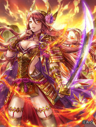 Rule 34 | 1girl, armor, belt, box (hotpppink), breasts, brown belt, brown hair, brown thighhighs, cleavage, cloud, cloudy sky, coat, collarbone, commentary request, company name, cowboy shot, evening, fake horns, finger to mouth, fire, floating hair, floral print, flower, gem, glowing, glowing sword, glowing weapon, gold armor, gradient sky, hair between eyes, hair flower, hair ornament, head wings, high collar, highres, holding, holding sword, holding weapon, horned headwear, horns, japanese armor, jewelry, katana, kusazuri, legs apart, long hair, looking at viewer, medium breasts, nail polish, official art, open clothes, open coat, orange eyes, orange sky, outdoors, parted lips, pendant, pink flower, pink nails, pink ribbon, print coat, purple coat, pyrokinesis, ribbon, ring, rope, sengoku kishin valkyrie, shimenawa, shiny skin, shoulder armor, sky, sleeveless, sleeveless coat, smile, sode, solo, standing, sunset, swept bangs, sword, tassel, thigh strap, thighhighs, tiara, vambraces, very long hair, weapon, wind, winged hair ornament, winged hat, wings, yellow sky