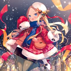 Rule 34 | 1girl, :o, abigail williams (fate), alternate costume, ana (rznuscrf), animal bag, ankle boots, bag, bare tree, black bow, black skirt, blonde hair, blue eyes, blue scarf, blush, boots, bow, brown sweater, christmas, commentary request, fate/grand order, fate (series), forehead, fringe trim, fur-trimmed sleeves, fur trim, grey pantyhose, high heel boots, high heels, jacket, long sleeves, looking at viewer, open mouth, orange bow, pantyhose, polka dot, polka dot bow, red jacket, scarf, shoulder bag, skirt, sleeves past fingers, sleeves past wrists, solo, sparkle, standing, standing on one leg, sweater, tilted headwear, tree, white footwear, white headwear