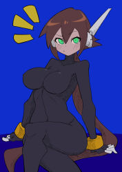 Rule 34 | 1girl, absurdres, aile (mega man zx), black bodysuit, blue background, blush, bodysuit, breasts, brown hair, buzzlyears, covered navel, green eyes, highres, large breasts, long hair, looking at viewer, mega man (series), mega man zx, mega man zx advent, ponytail, robot ears, sitting, solo, upper body