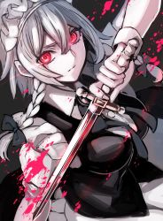 Rule 34 | 1girl, apron, arm up, bad id, bad twitter id, black bow, black ribbon, black skirt, black vest, blood, bow, braid, breasts, commentary request, dagger, frilled apron, frills, grey background, hair between eyes, hair bow, highres, holding, holding dagger, holding knife, holding weapon, izayoi sakuya, jan (lightdragoon), knife, looking at viewer, maid, maid apron, maid headdress, medium breasts, neck ribbon, puffy short sleeves, puffy sleeves, red eyes, ribbon, shirt, short hair, short sleeves, silver hair, simple background, skirt, solo, touhou, twin braids, upper body, v-shaped eyebrows, vest, waist apron, weapon, white apron, white shirt, wrist cuffs