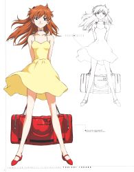 Rule 34 | 1girl, absurdres, arms behind back, artbook, bare legs, bare shoulders, blue eyes, breasts, choker, dress, female focus, full body, hair between eyes, hair ornament, highres, long hair, long legs, looking at viewer, luggage, multiple views, neon genesis evangelion, official art, orange hair, page number, partially colored, scan, shoes, simple background, small breasts, smile, souryuu asuka langley, standing, twintails, white background, yellow dress, youichi fukano