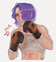 Rule 34 | 1girl, abs, bandages, bare shoulders, boxing gloves, chest sarashi, clenched teeth, commentary, grey background, highres, luft (luft sch), midriff, nintendo, octoling, purple hair, red eyes, sarashi, shiver (splatoon), short hair, simple background, solo, splatoon (series), stomach, strapless, teeth, tube top, upper body