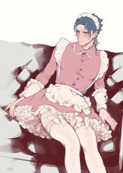 Rule 34 | 1boy, absurdres, ace attorney, alternate costume, apron, barok van zieks, blue eyes, blue hair, blush, closed mouth, collared dress, crossdressing, dress, feet out of frame, frilled dress, frills, highres, long sleeves, looking at viewer, maid, maid apron, maid headdress, male focus, muscular, muscular male, noi350, pink dress, scar, scar on face, short hair, sitting, solo, the great ace attorney, thighhighs, white apron, white thighhighs