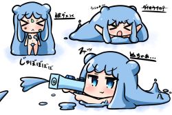 Rule 34 | &gt; &lt;, 1girl, :&lt;, :3, :d, absurdly long hair, blue eyes, blue hair, blush, chibi, closed mouth, commentary request, convenient censoring, double bun, facing viewer, hair bun, half slime-chan, hana kazari, holding, long hair, lying, monster girl, multiple views, nude, on stomach, open mouth, original, slime girl, smile, standing, translation request, v-shaped eyebrows, very long hair, water gun, white background, xd