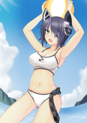 Rule 34 | 10s, 1girl, armpits, arms up, ball, beachball, bikini, blush, breasts, cameltoe, cleavage, eyepatch, gradient background, highres, kantai collection, navel, open mouth, purple hair, short hair, solo, swimsuit, taira yuuki, tenryuu (kancolle), yellow eyes